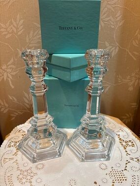Tiffany & Co. Clear Crystal Hexagonal Candlesticks - Pair